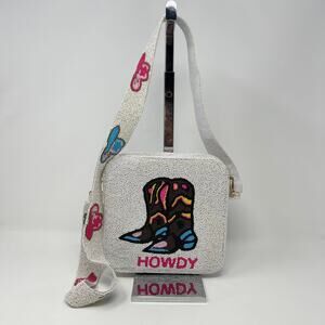 Howdy Cowgirl Boots Hat Sead Bead Crossbody White‎ Pink Western Rodeo